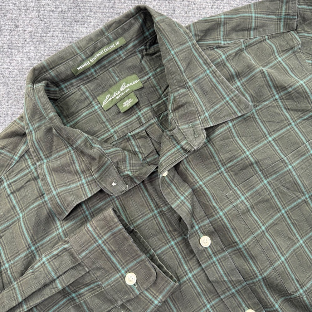 Eddie Bauer Button Up Size XXL Green Plaid Wrinkle Resistant Classic Fit Men's